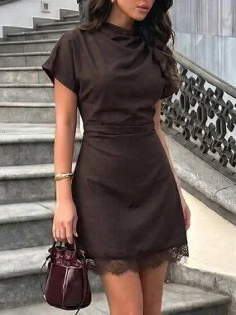 ZARA Brown Elegant Women's Pleated Lace Trim Mini Dress
